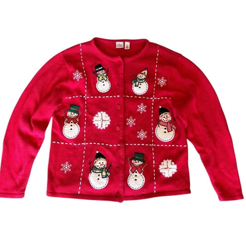 Red Cotton Christmas Snowman Cardigan Cottagecore Grandmacore Embroidered XL